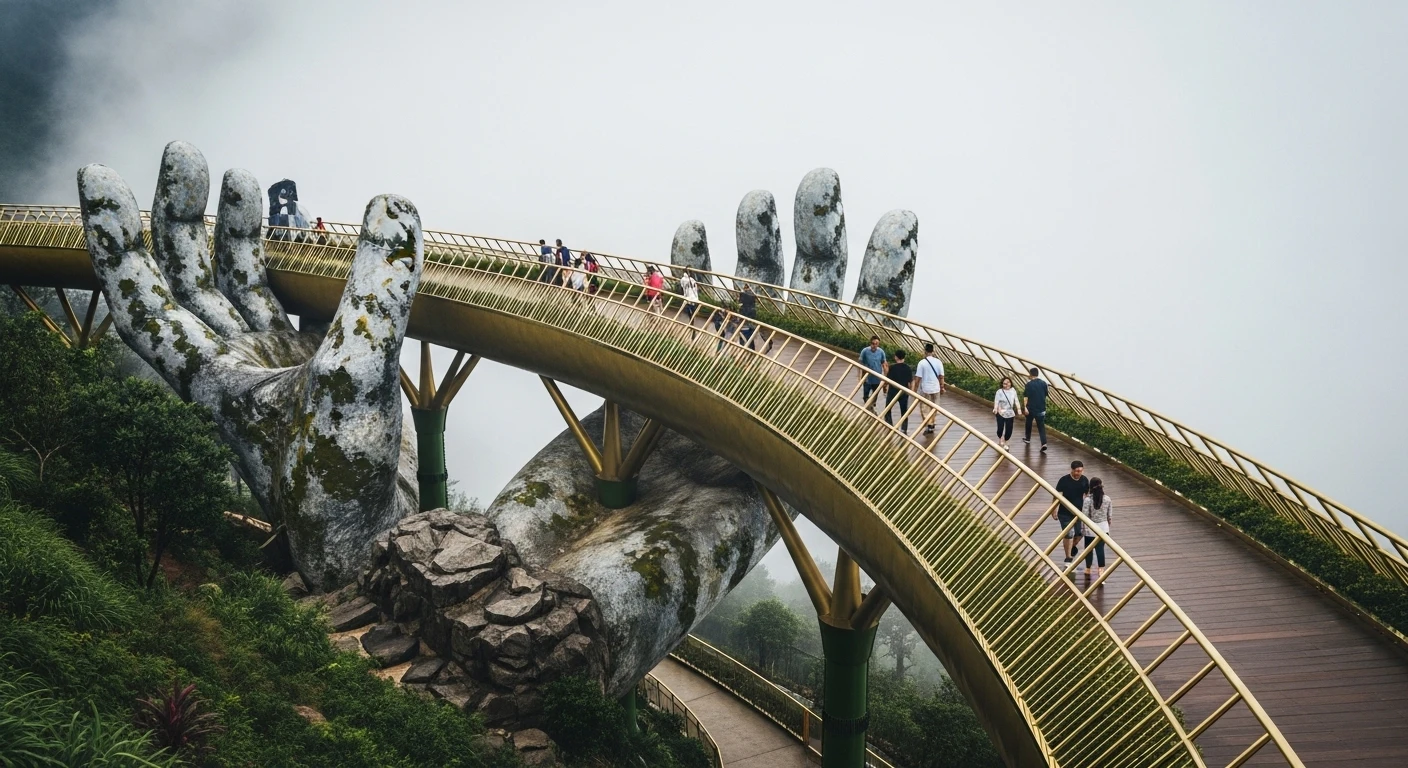 The iconic Golden Bridge at Ba Na Hills, supported by giant stone hands