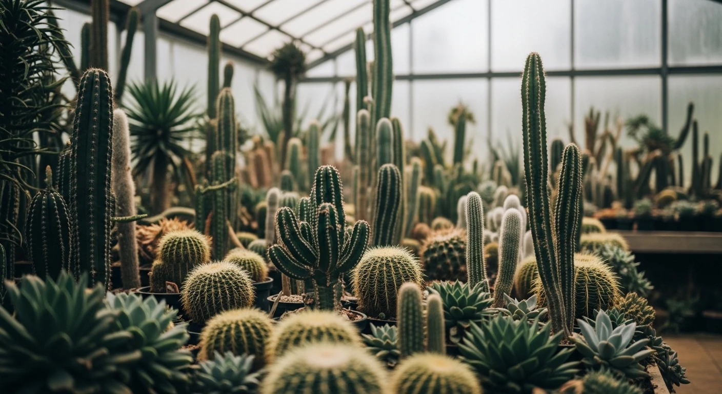A greenhouse filled with various cacti and succulents in Ba Vi National Park