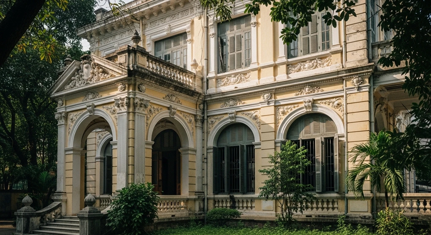 The ornate exterior of the Prince of Bac Lieu's mansion, showcasing French colonial architecture with Vietnamese decorative elements