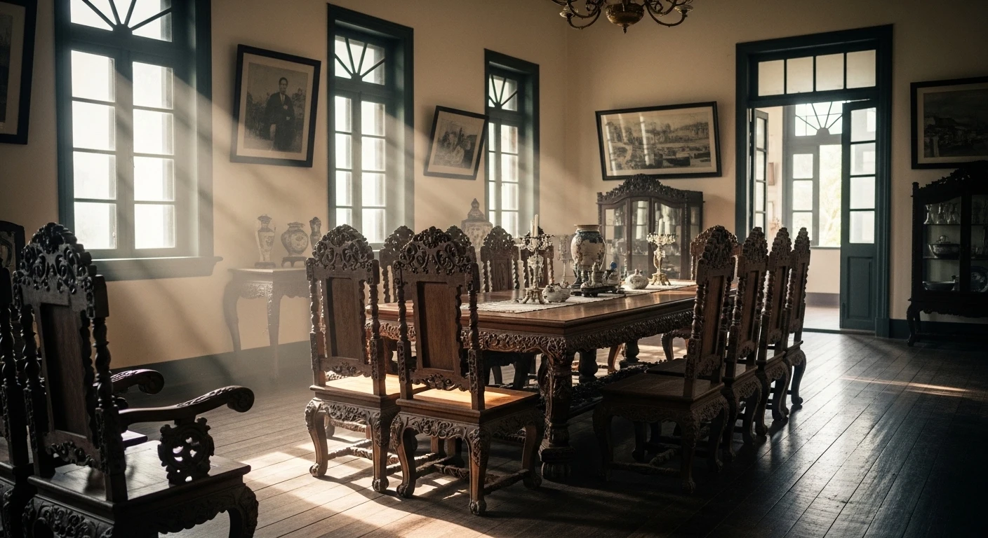 An interior shot of the Prince of Bac Lieu's mansion, showing ornate furniture and colonial-era decor