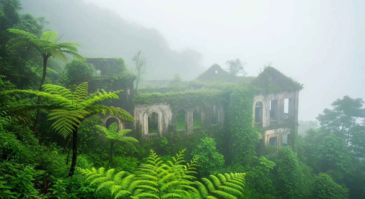 Misty view of French colonial villas atop Bach Ma mountain, surrounded by lush jungle