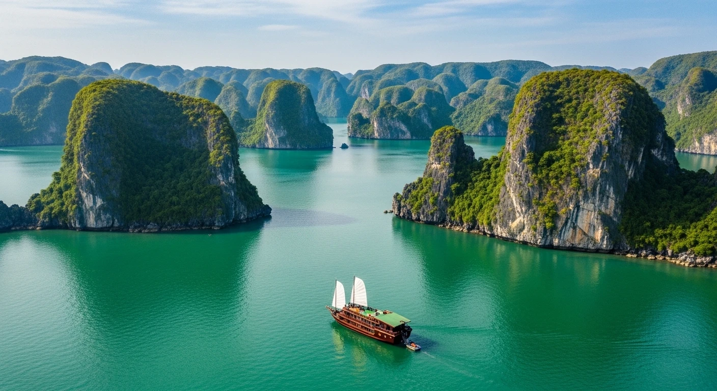 A luxury junk boat sailing through the serene waters of Bai Tu Long Bay, with towering limestone karsts in the background
