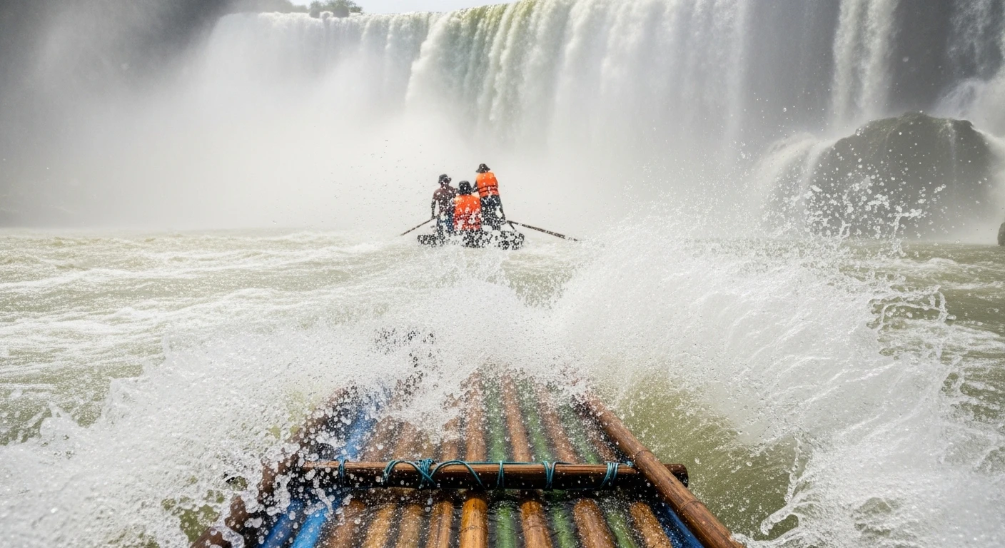 A bamboo raft approaching the base of Ban Gioc Waterfall, with mist swirling around the boats