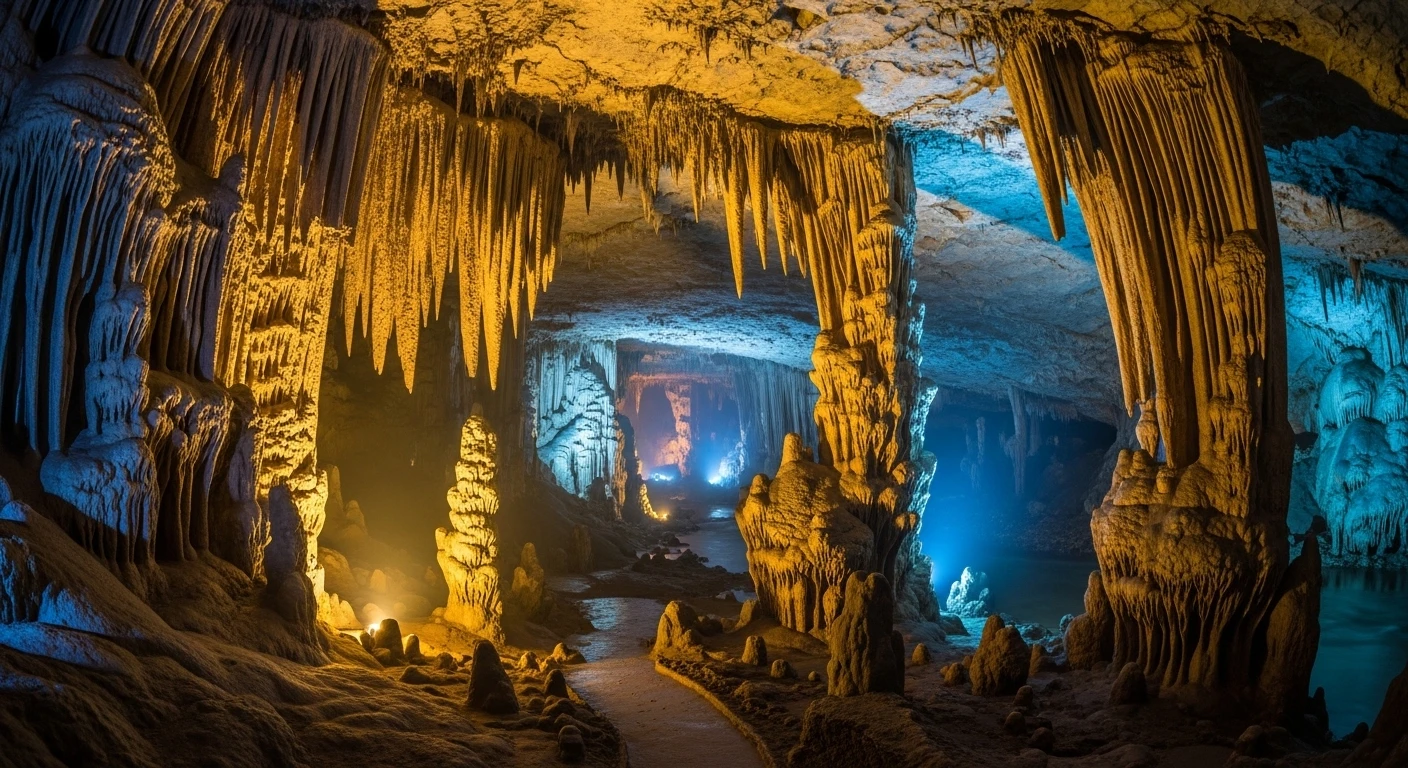 Inside Nguom Ngao Cave, showcasing intricate stalactites and stalagmites illuminated by artificial lights
