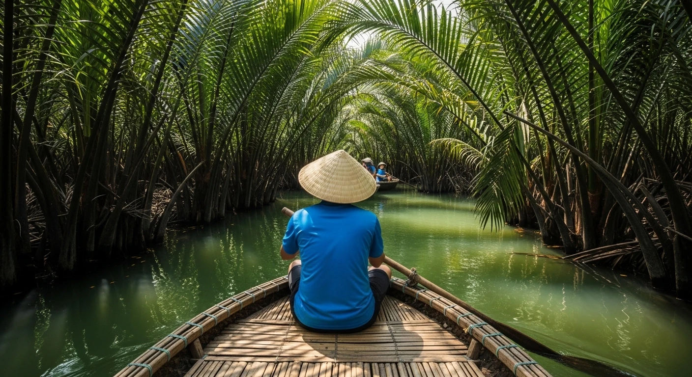 A traditional Vietnamese basket boat navigating through dense water coconut palm trees in Bay Mau Coconut Forest