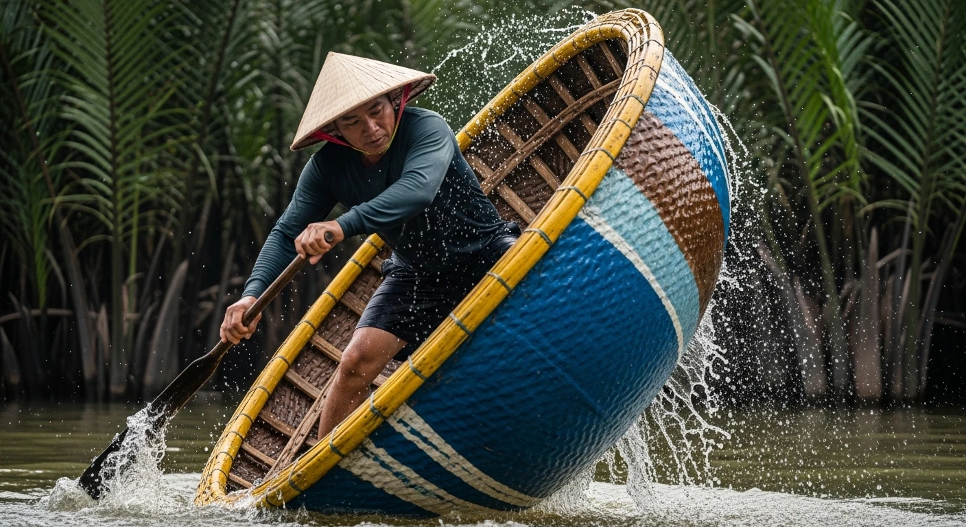 A local Vietnamese boatman expertly spinning a basket boat while music plays loudly