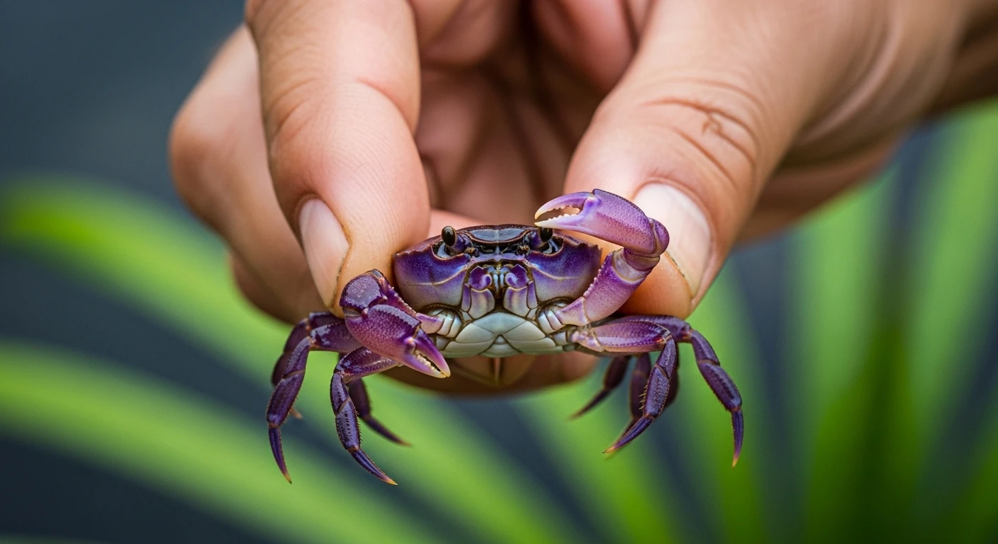 Close-up of a hand holding a small purple crab caught in Bay Mau Coconut Forest