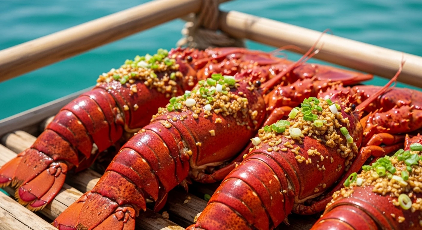 A close-up of massive, freshly grilled lobsters on a wooden raft, glistening with garlic oil