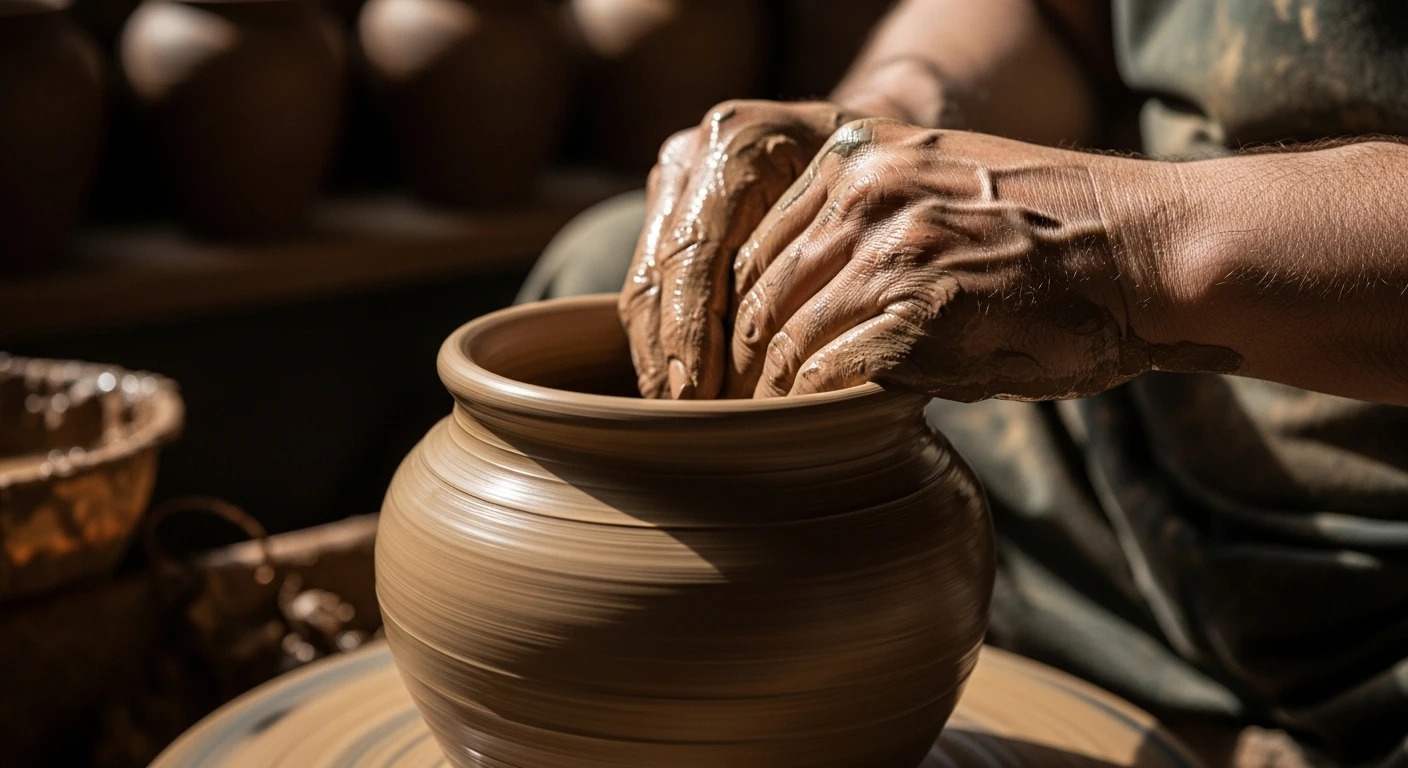 A close-up of a potter's hands smoothing a large clay pot on a traditional spinning wheel