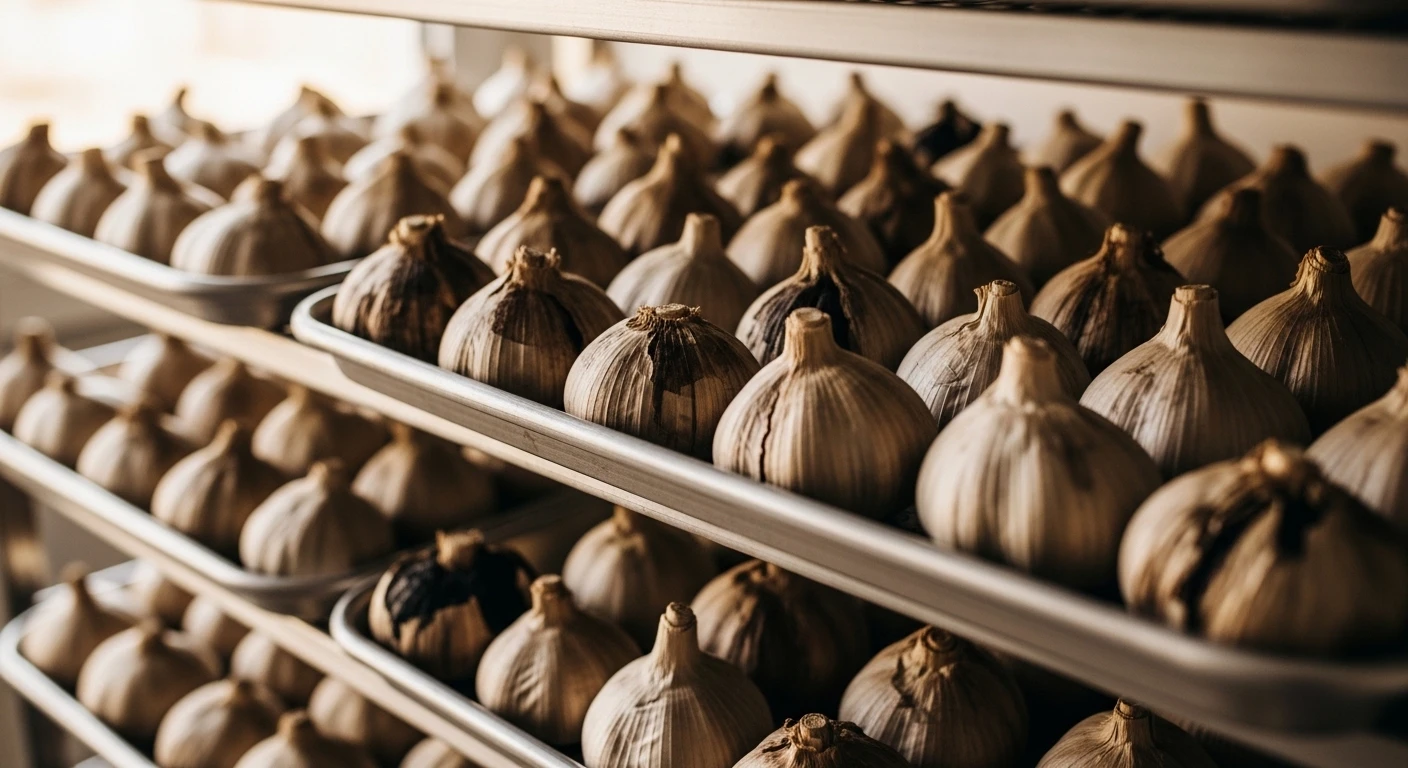 A close-up of garlic bulbs arranged in a dehydrator tray for fermentation