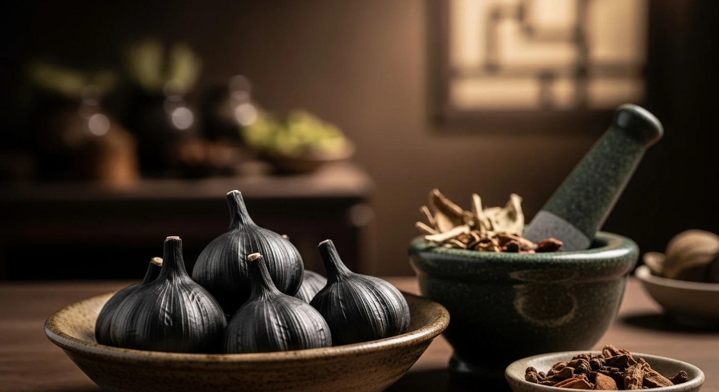 A mortar and pestle with fresh herbs next to a small bowl of black garlic