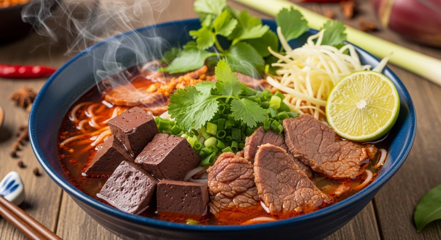 A steaming bowl of Bun Bo Hue with visible beef slices, blood cake, and fresh herbs