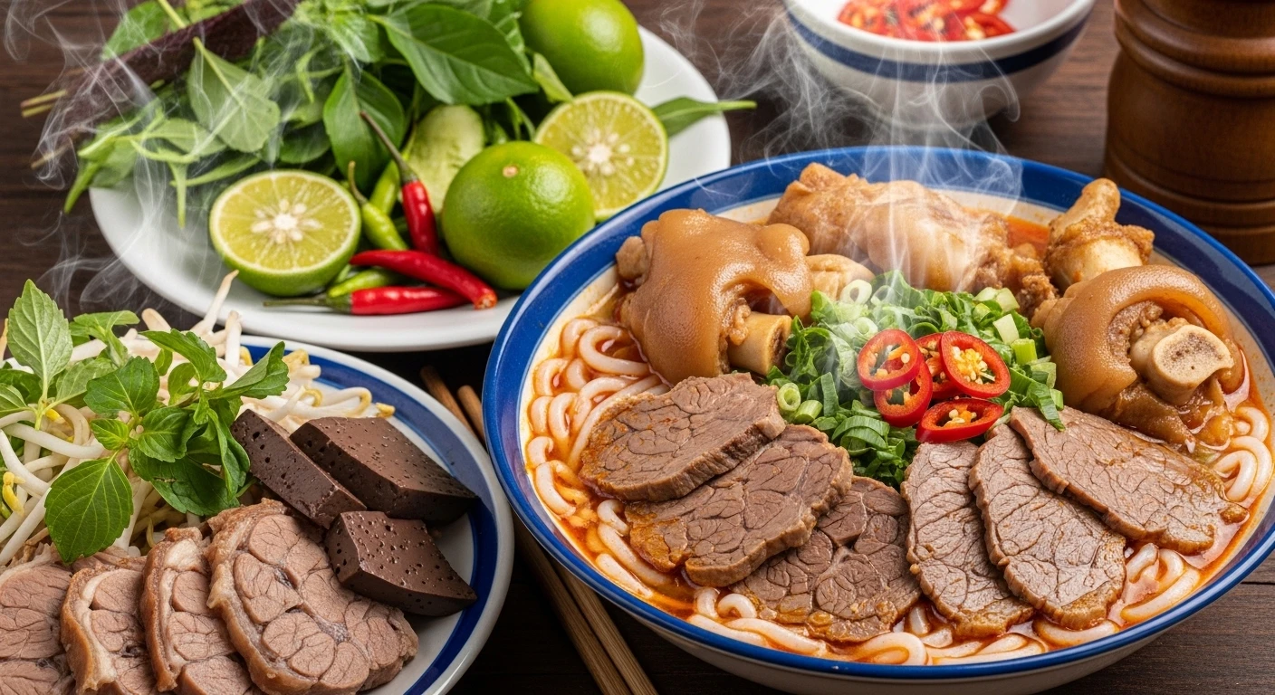 A steaming, vibrant bowl of Bun Bo Hue with noodles, beef, and fresh herbs