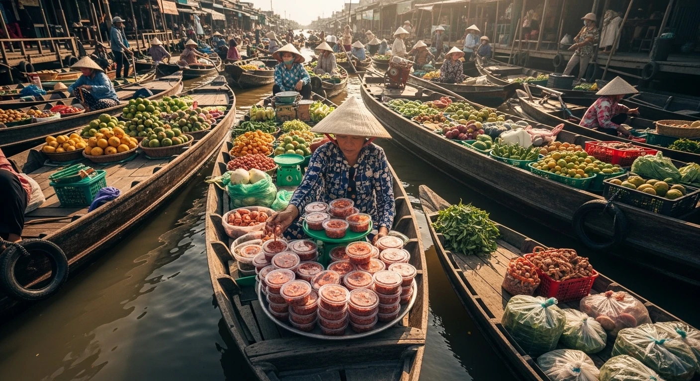 A bustling Mekong Delta floating market, showcasing vendors selling fresh produce and fermented pastes