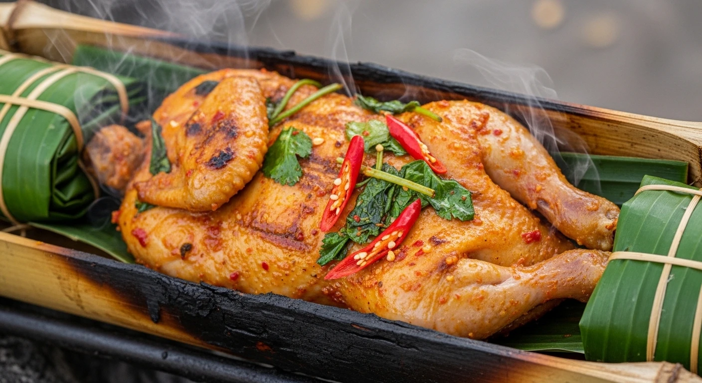 A close-up of bamboo-grilled chicken, seasoned with herbs and spices, in the Central Highlands of Vietnam.