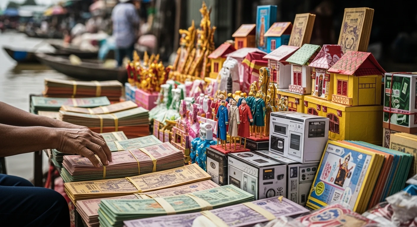A vibrant market stall in the Mekong Delta overflowing with stacks of joss paper money and paper effigies for the Hungry Ghost Festival.