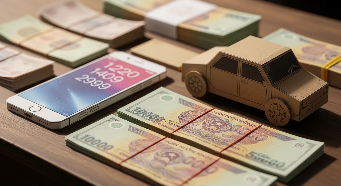 A collection of paper effigies including a smartphone, a car, and stacks of Vietnamese ghost money.