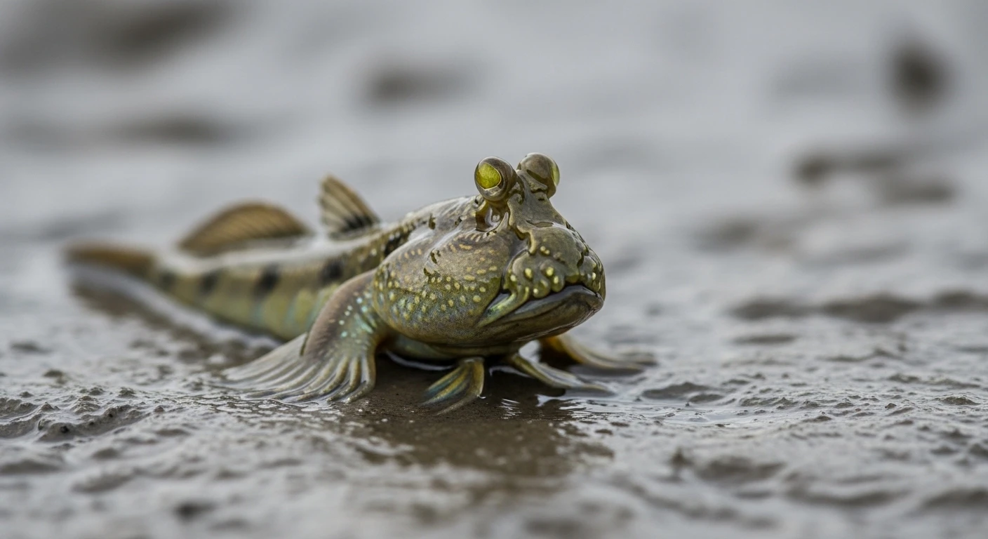 A close-up shot of a mudskipper on a muddy shore in Vietnam