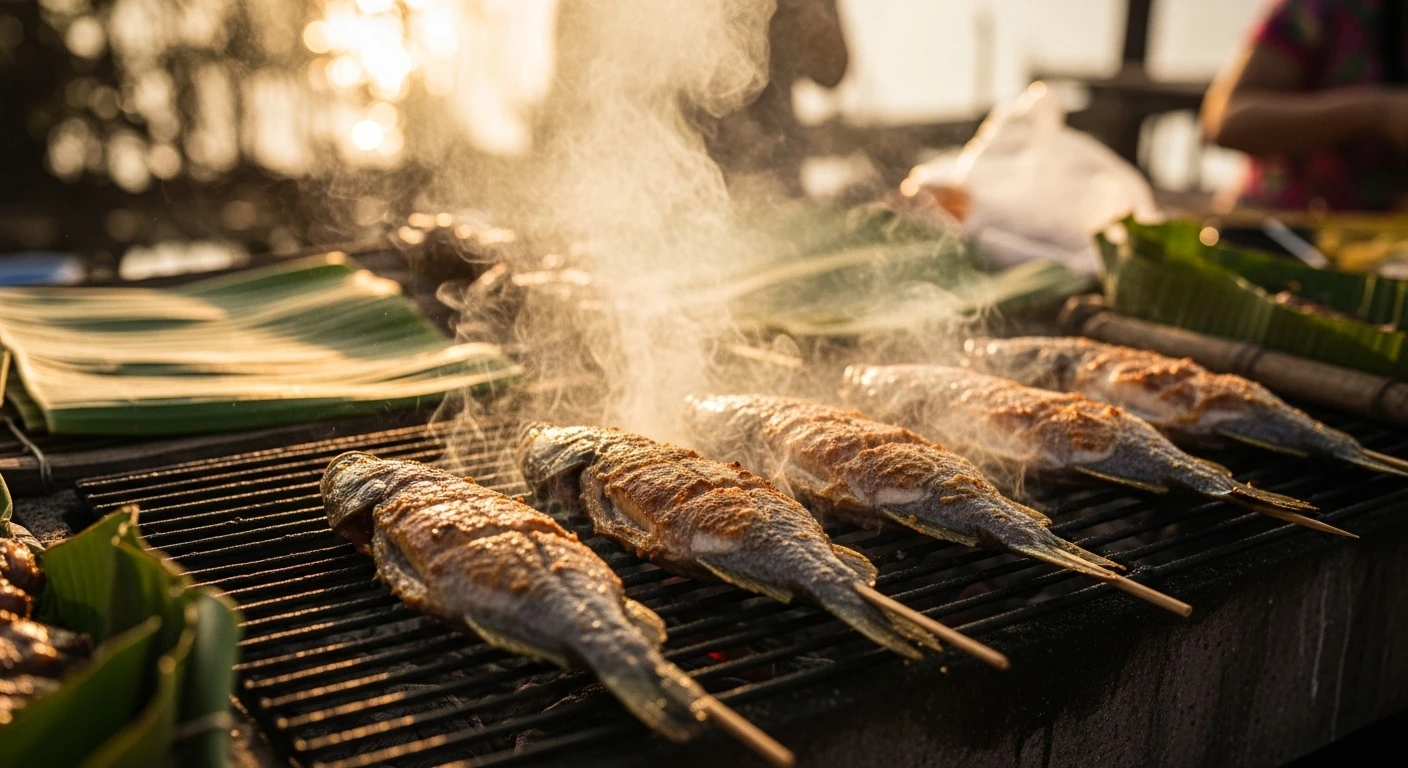 Grilled mudskippers sizzling on a charcoal grill at a local eatery in Ca Mau