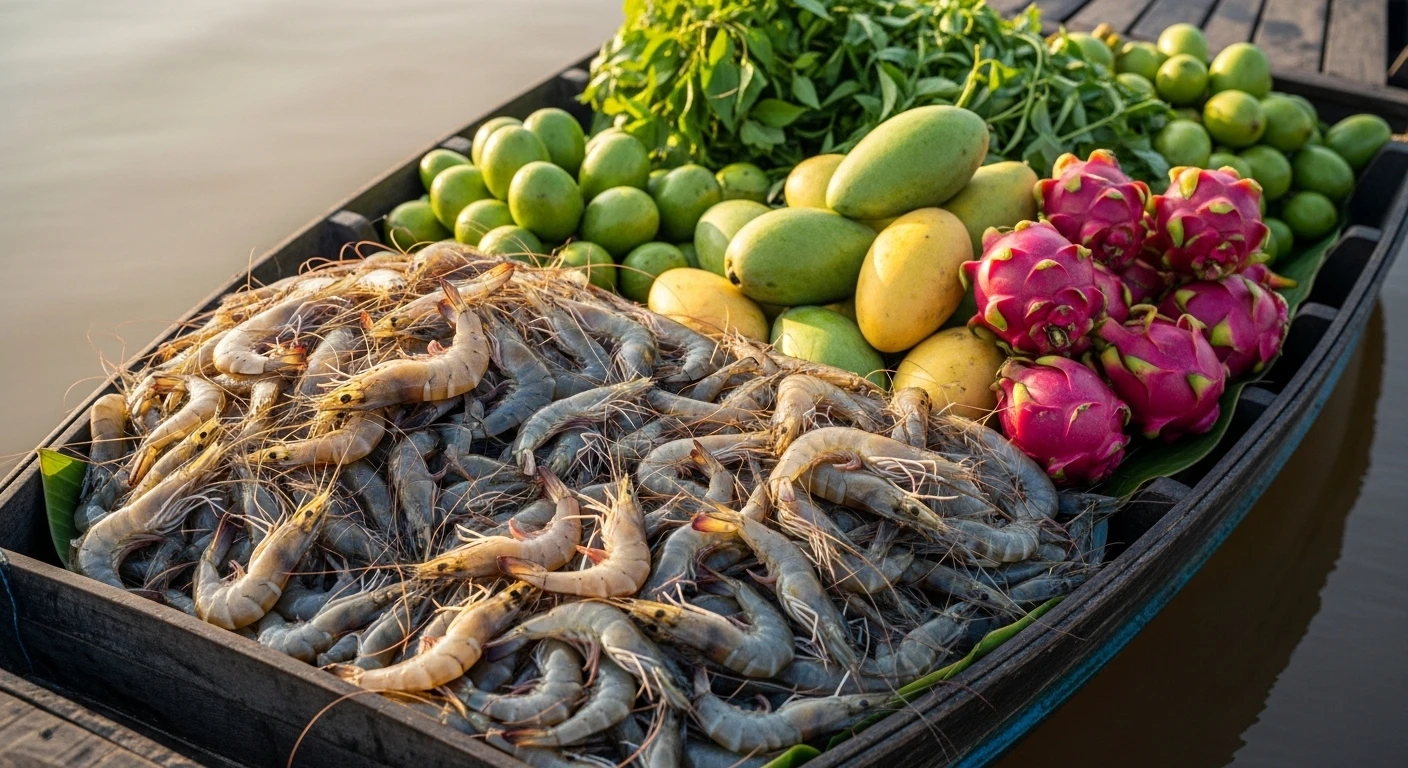 A split image showing Canadian lobster on one side and Vietnamese shrimp market on the other