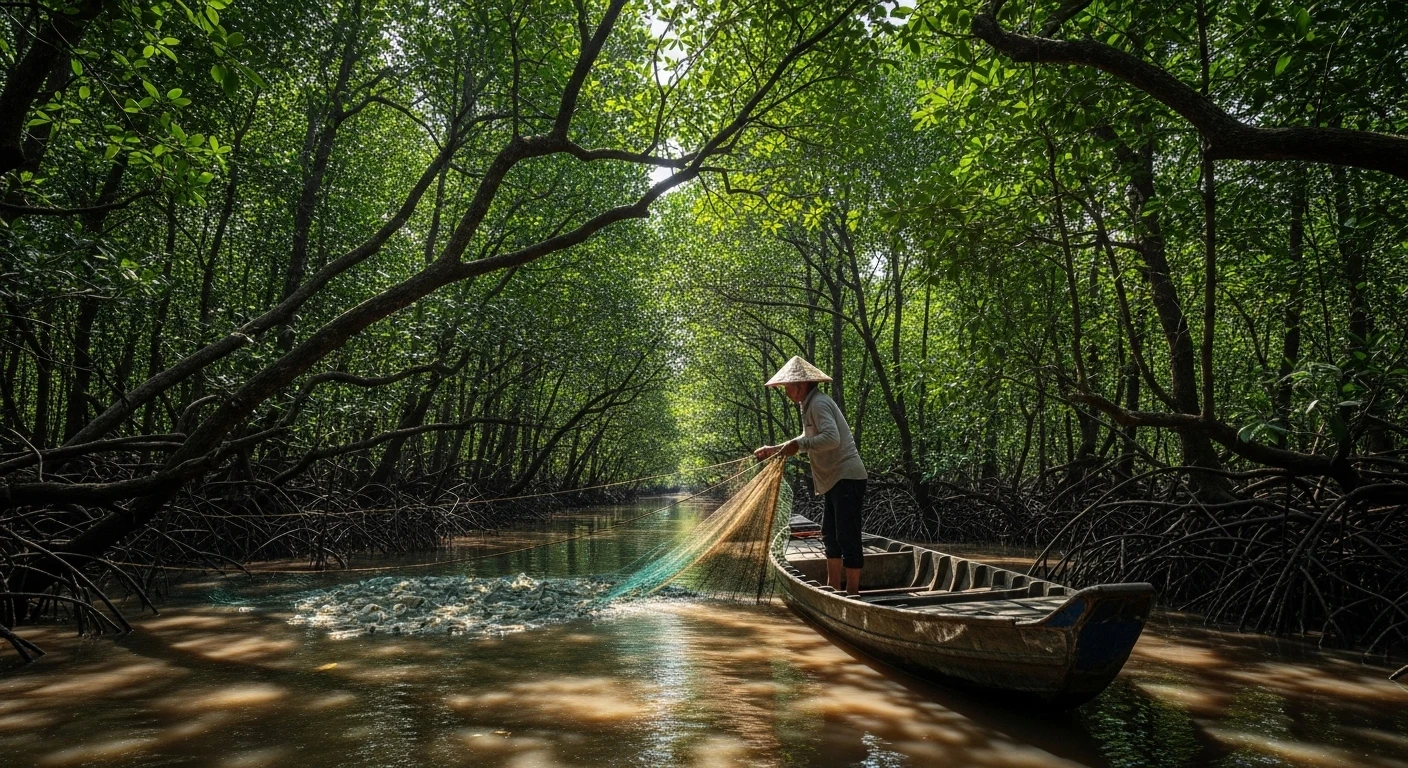 A fisherman tending to shrimp nets in a mangrove forest in the Mekong Delta