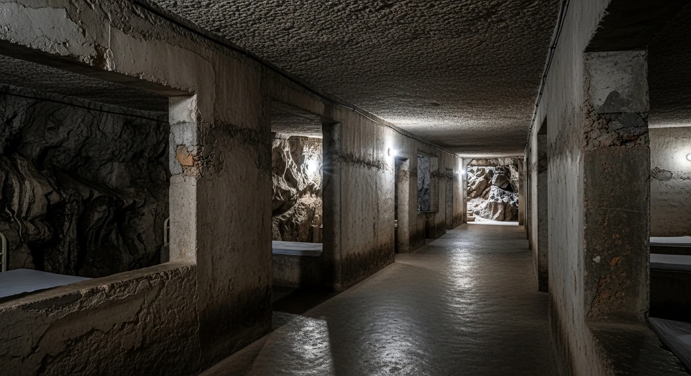 Interior of the Hospital Cave, showing the stark concrete structure carved into the rock