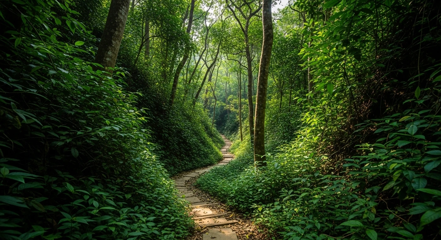 A winding jungle trail leading through dense green foliage towards a rocky mountain peak on Cat Ba Island