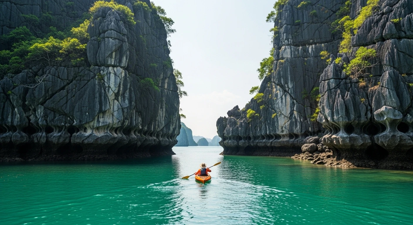 A person kayaking through a narrow channel between karst formations in Lan Ha Bay, with clear turquoise water
