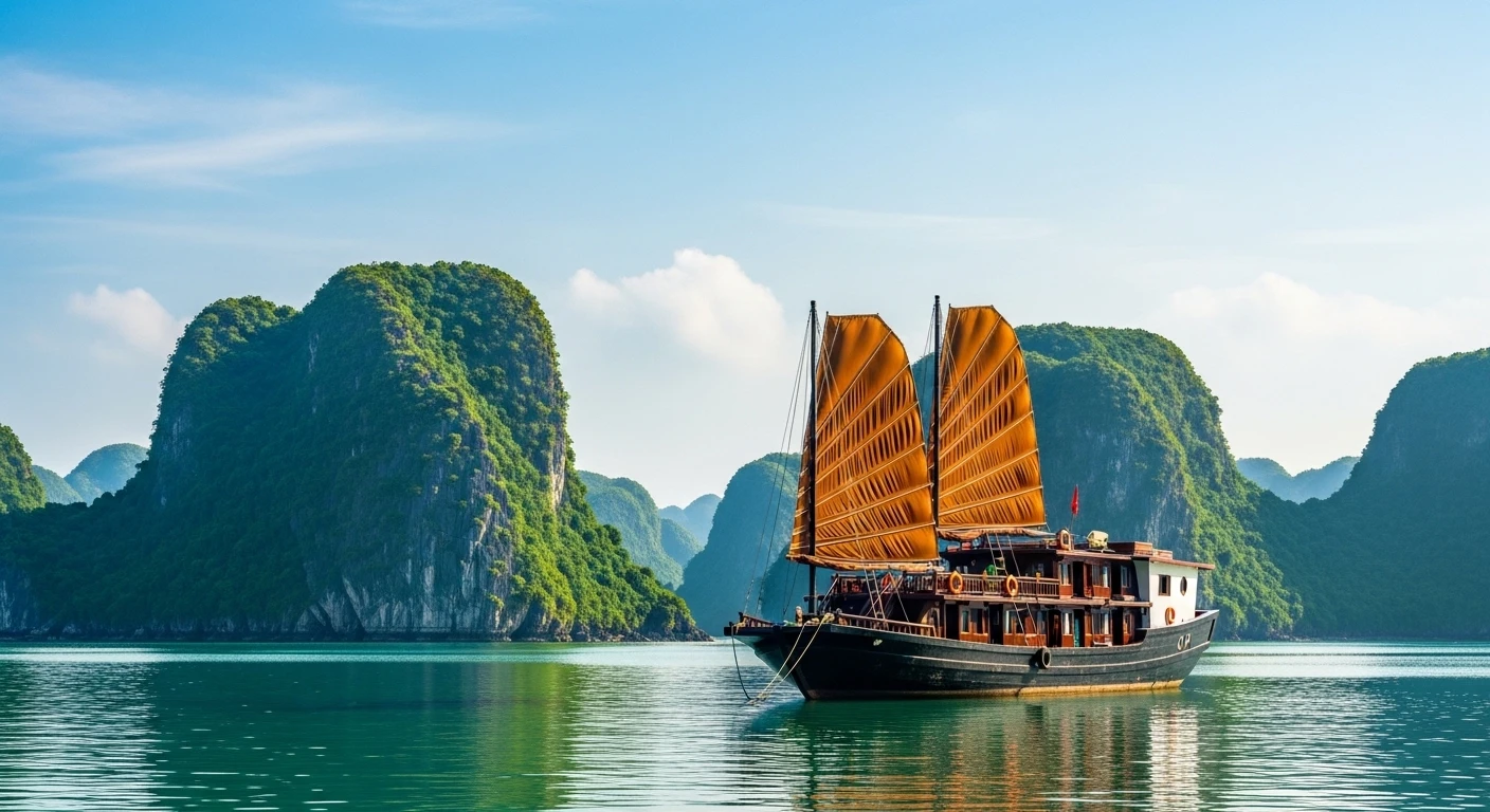 A traditional Vietnamese junk boat anchored in Lan Ha Bay with karst islands in the background