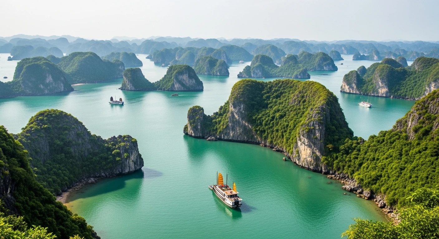 Panoramic view of Lan Ha Bay from a viewpoint on Cat Ba Island with karst formations and turquoise water