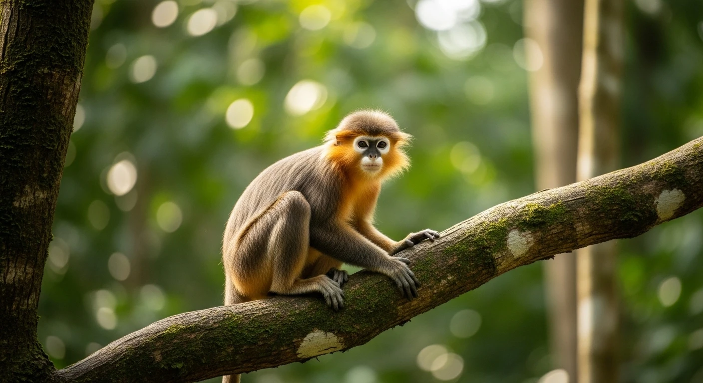A Cat Ba Langur (Golden-headed Langur) perched on a tree branch amidst lush green foliage