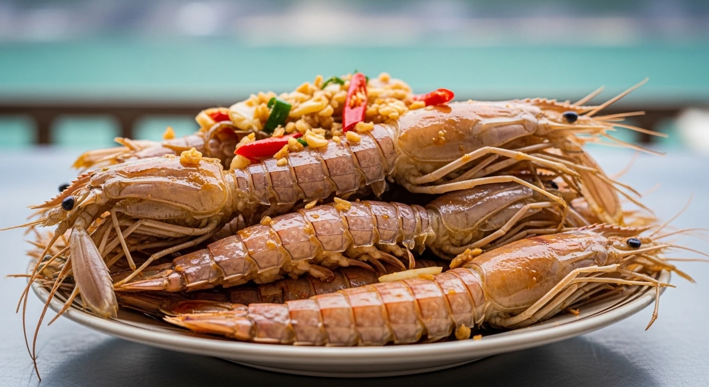 A large, rustic plate piled high with freshly cooked Mantis Shrimp, glistening with garlic and chili