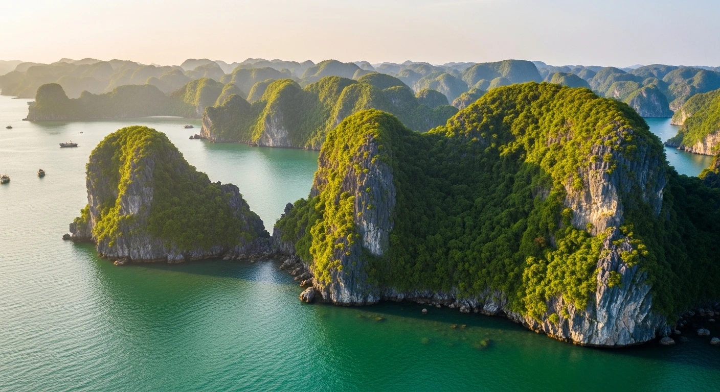 Panoramic view of Cat Ba Island's dramatic limestone karsts jutting out of the emerald sea