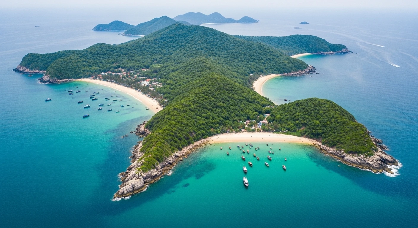 A stunning aerial view of Cham Island with turquoise waters and lush green hills