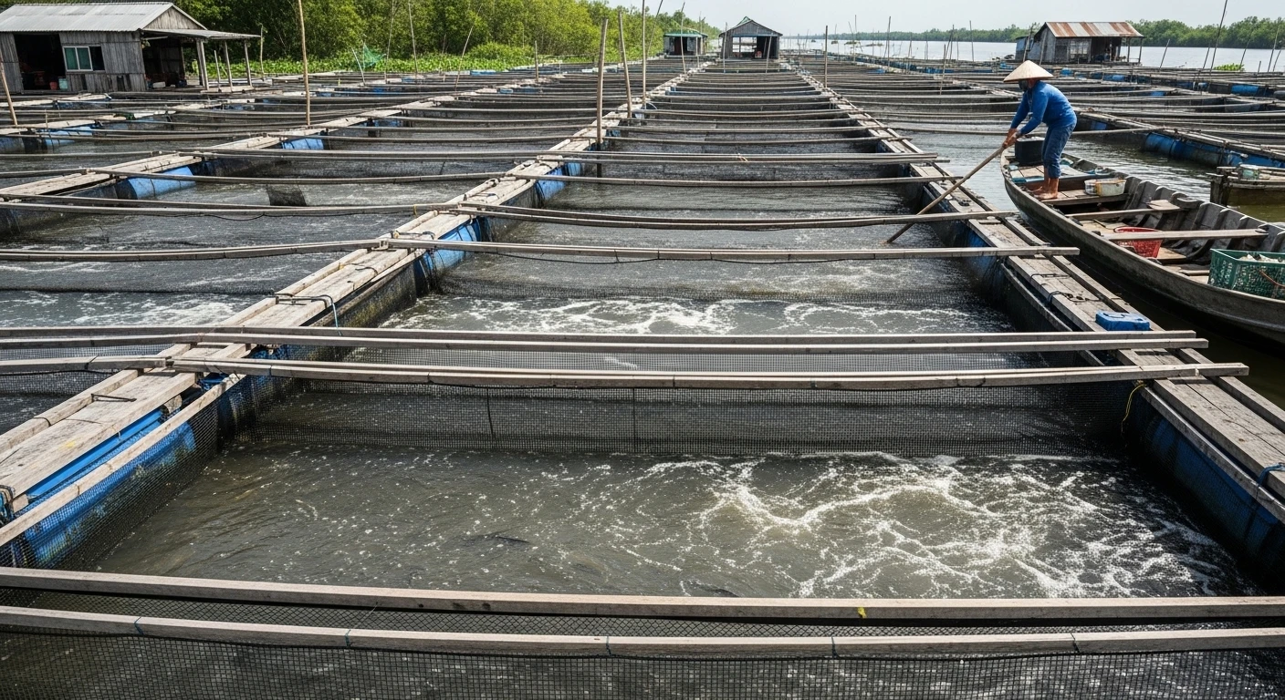 A vibrant floating fish farm with numerous cages suspended beneath the water's surface near Chau Doc