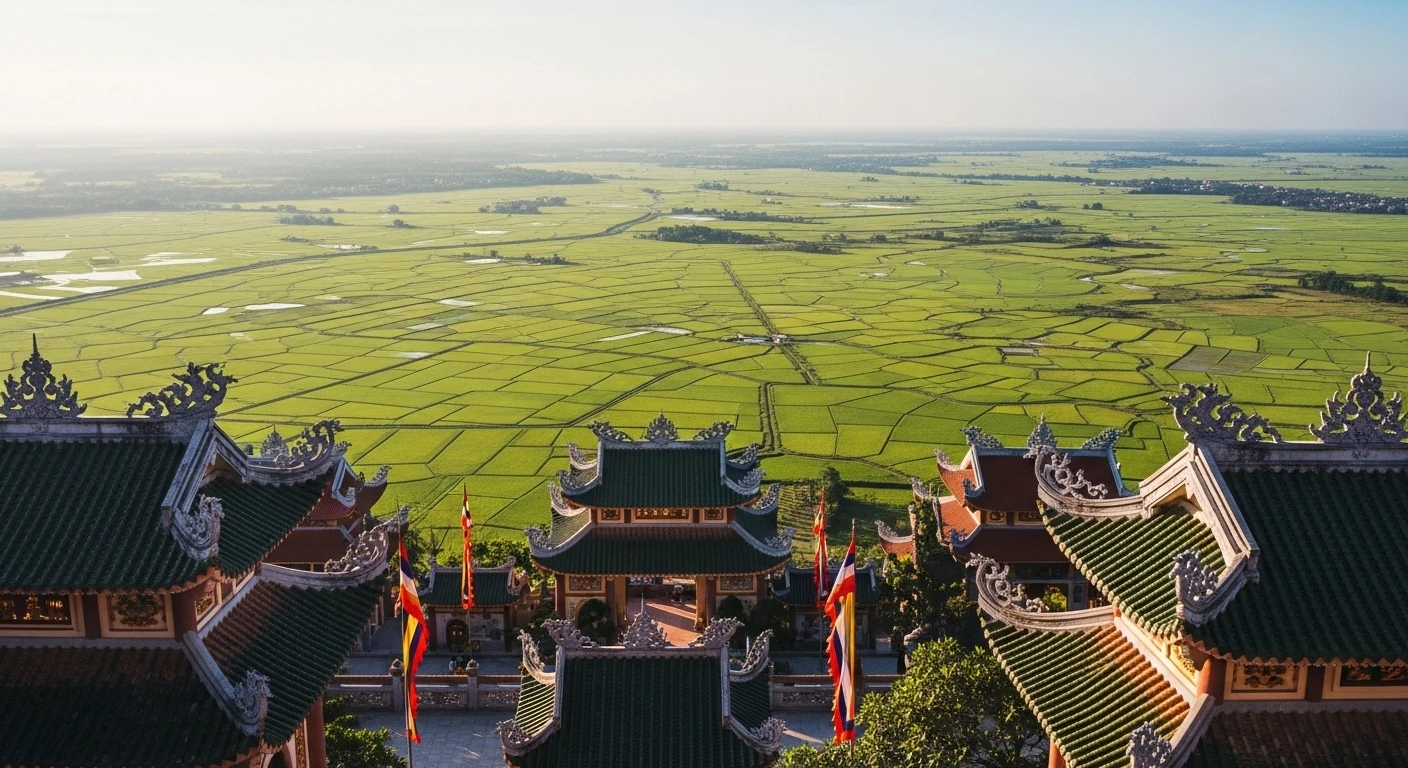 The Ba Chua Xu Temple complex on Sam Mountain, with colorful pagodas and a view of the surrounding plains