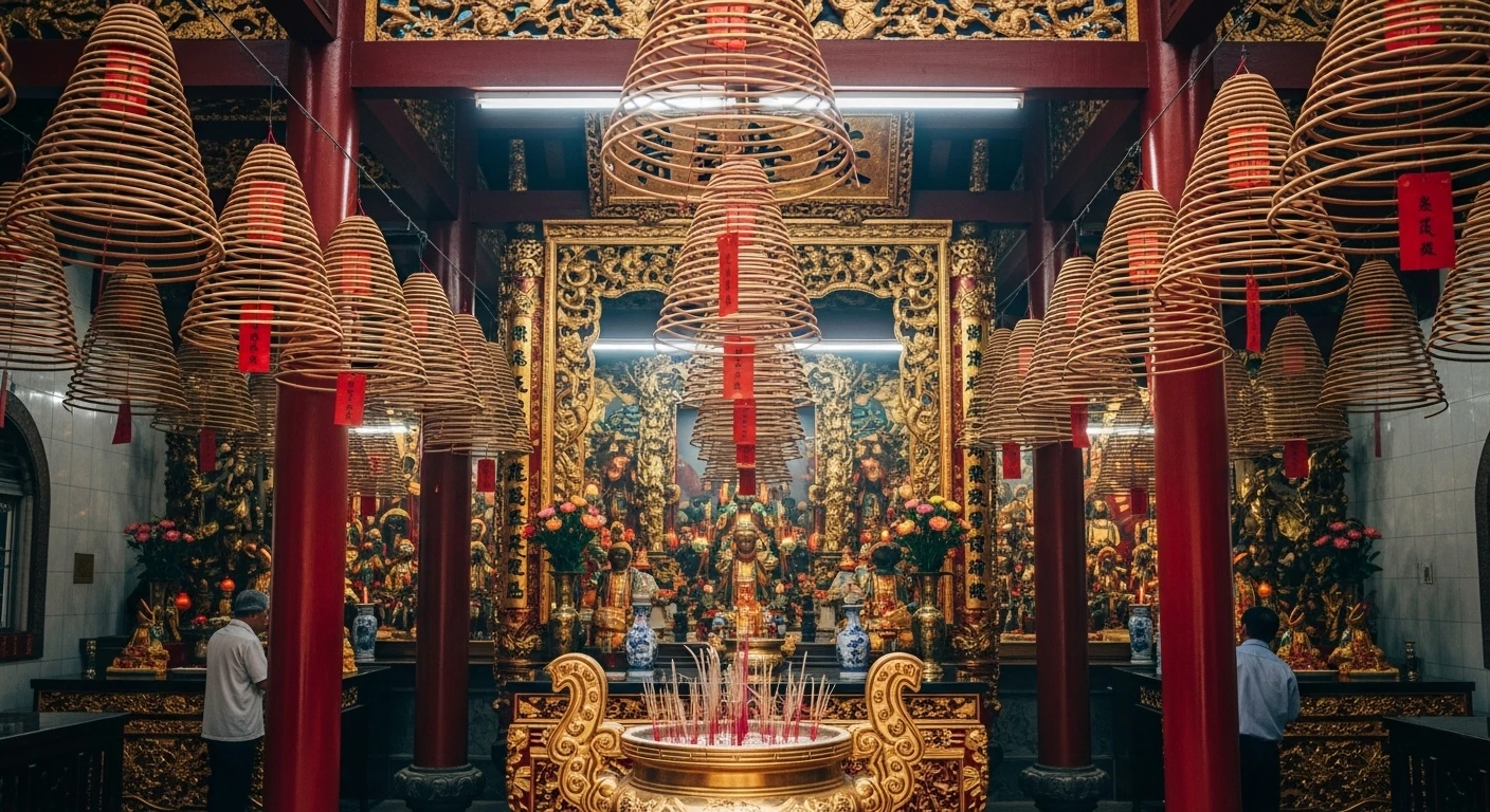 Inside a colorful Taoist temple in Cho Lon, with incense coils hanging from the ceiling