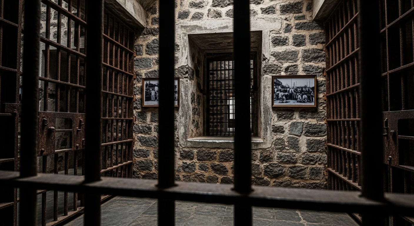Interior view of the historic Tiger Cages prison in Con Dao, Vietnam, showing cells and historical displays.
