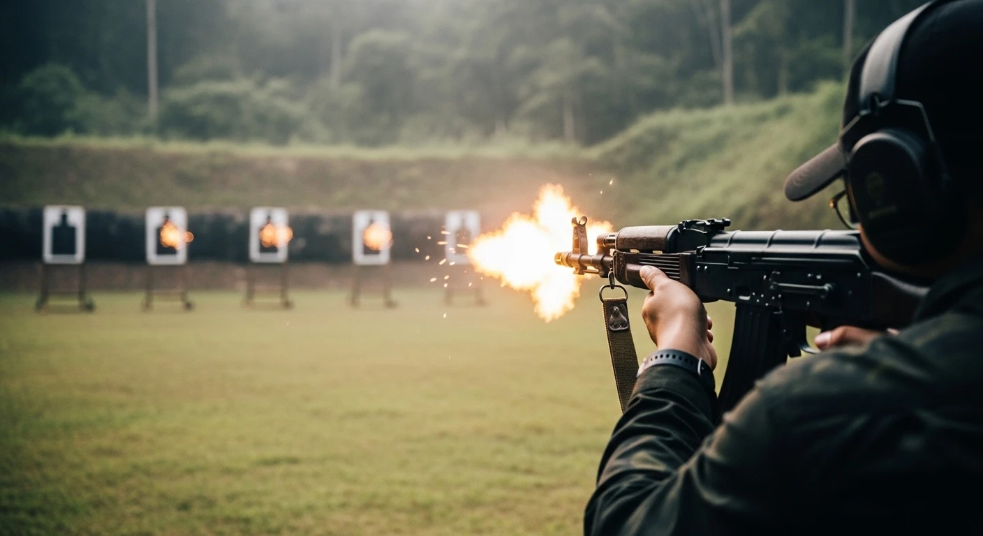 A visitor firing an AK-47 at an outdoor shooting range, with bullet impacts visible on a distant target.