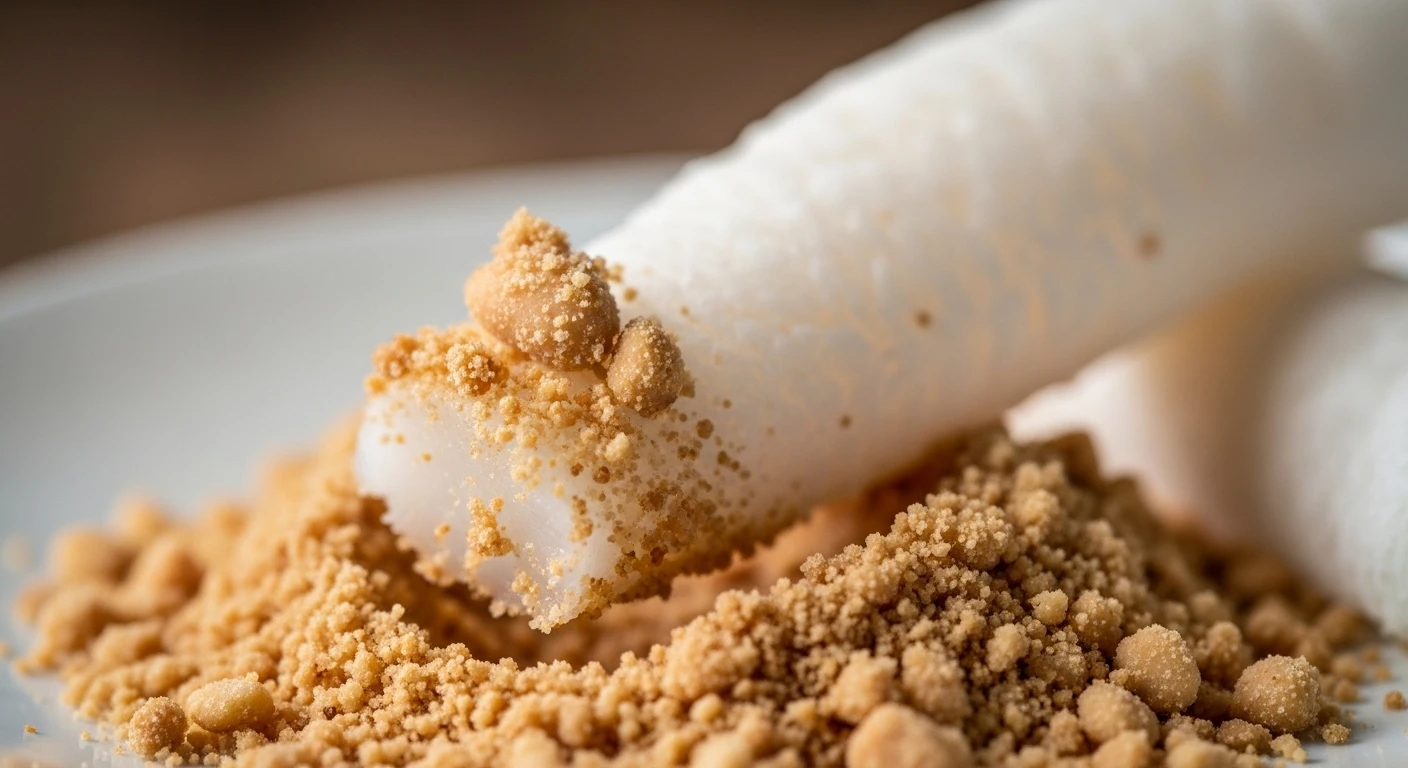 A close-up of boiled tapioca root pieces dipped in a peanut and salt mixture.