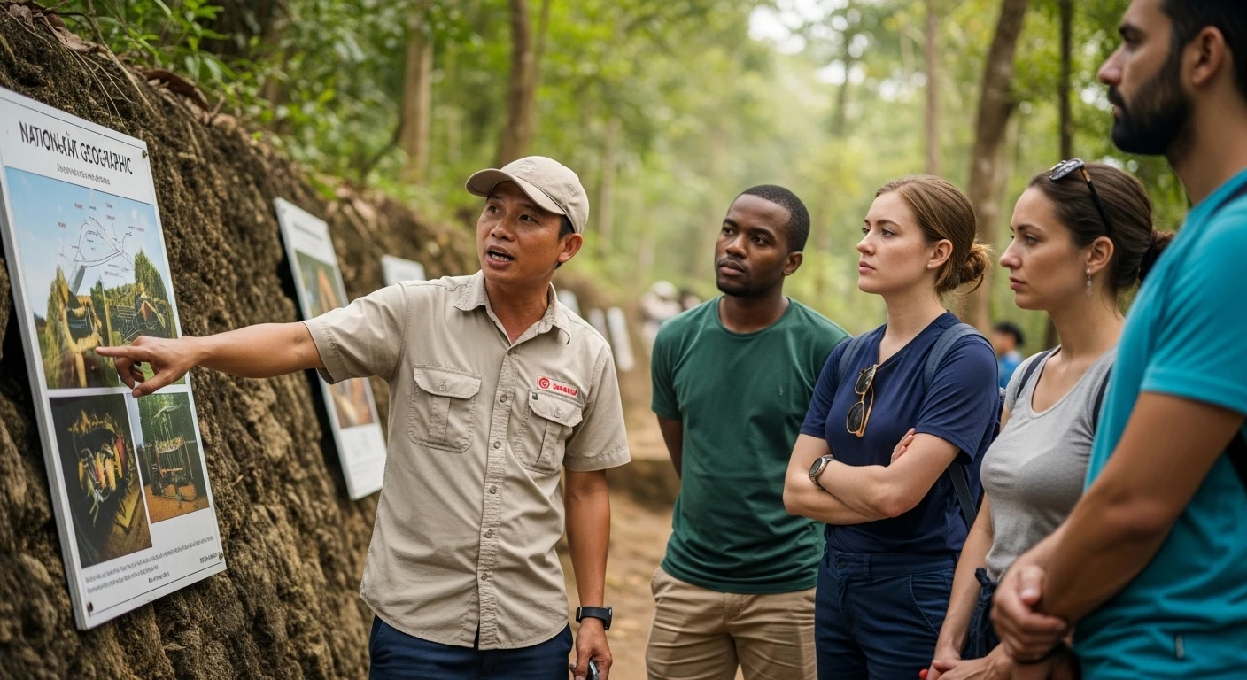 A tour guide explaining the construction and use of the Cu Chi Tunnels to a group of visitors.