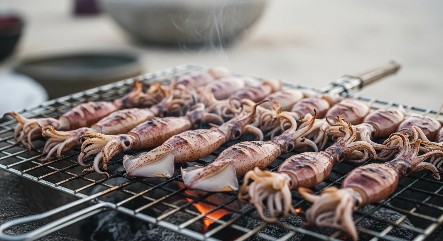 Freshly caught squid being grilled over charcoal on Cu Lao Xanh island