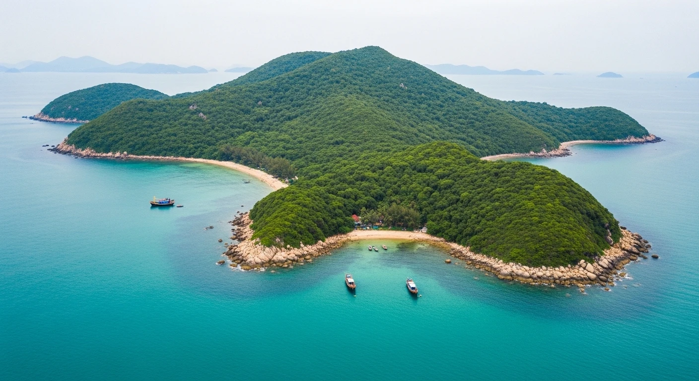 View of Cu Lao Xanh island with its green hills meeting the turquoise sea