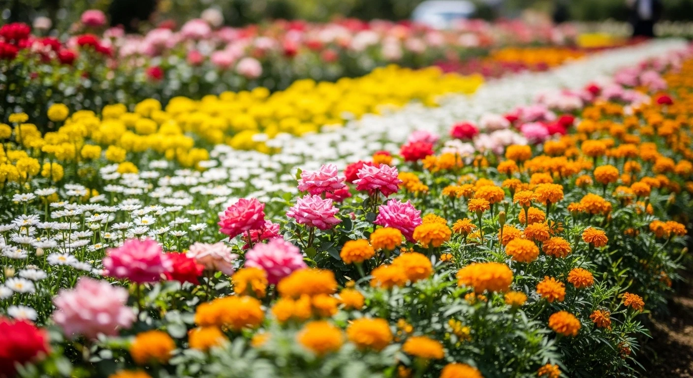 A vibrant Da Lat flower garden with rows of colorful blooms like roses, daisies, and marigolds