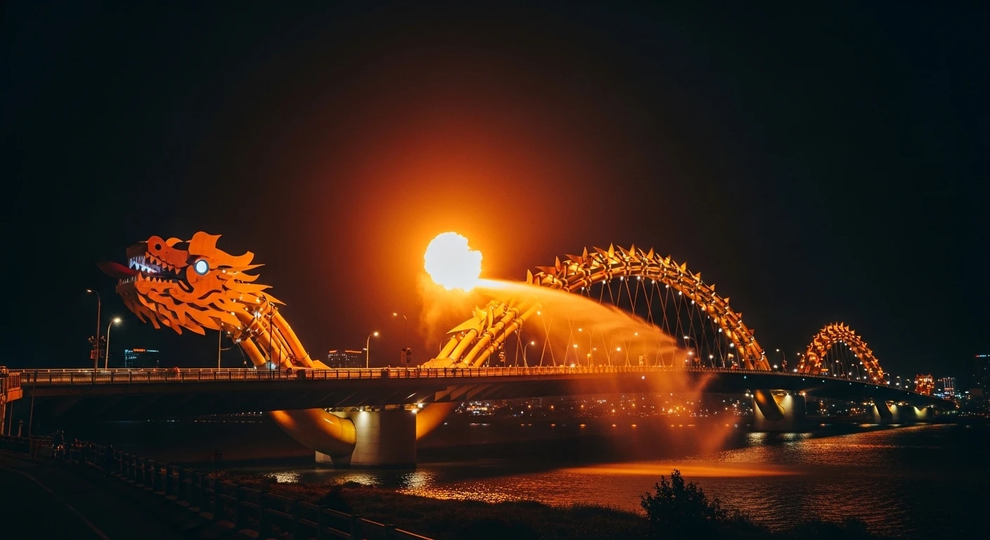 The Dragon Bridge of Da Nang breathing fire at night