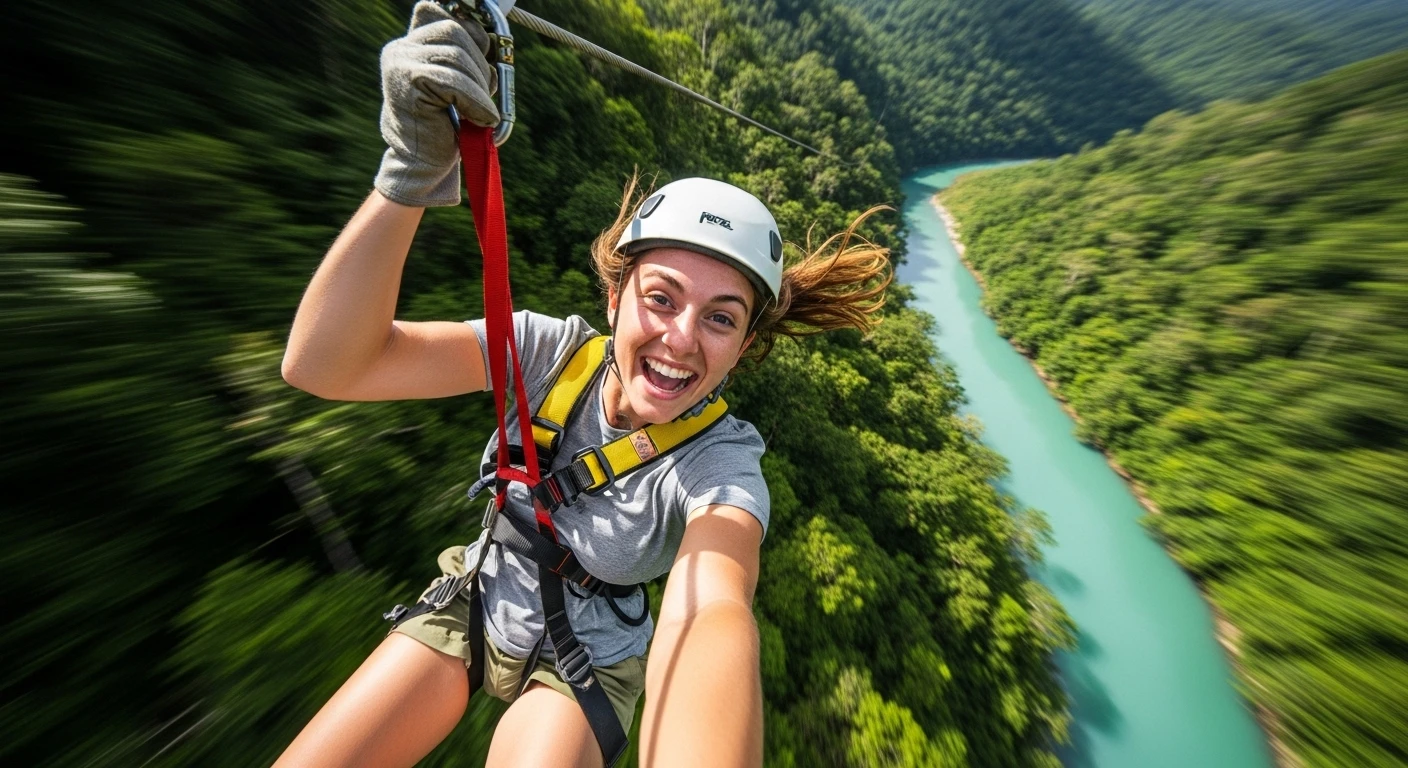 A person enjoying the zipline ride with jungle and river scenery in the background