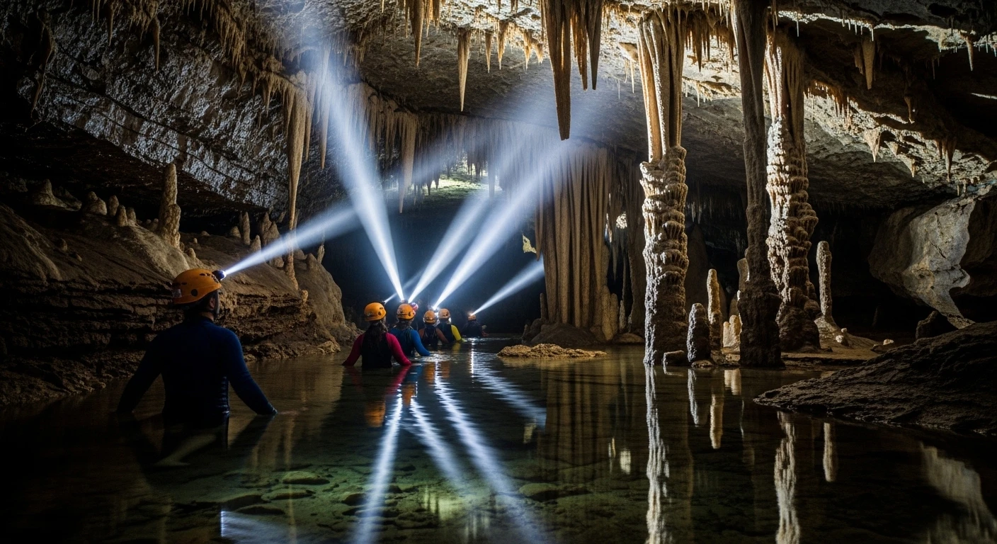 A group of tourists exploring Dark Cave with headlamps, showing stalactites and stalagmites