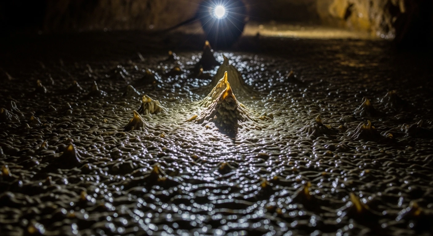 Close-up of a mineral formation inside Dark Cave, illuminated by a headlamp