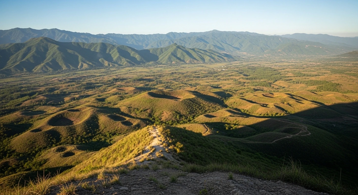 View from A1 Hill overlooking the Dien Bien Phu valley, showing scattered terrain.