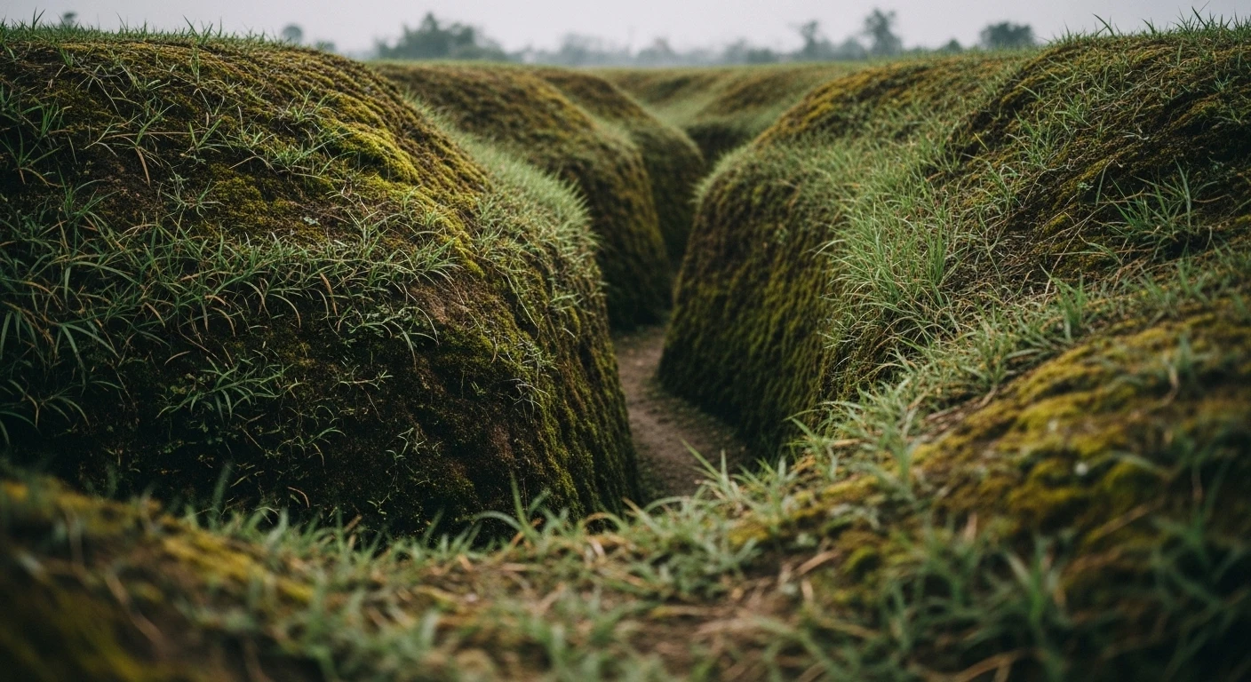A preserved section of French trench lines in Dien Bien Phu, overgrown but visible.